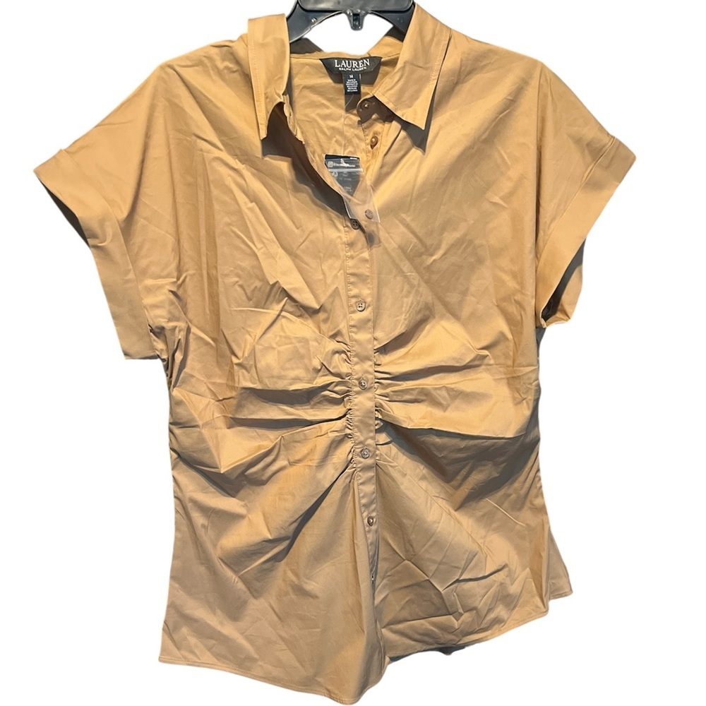NWT Ralph Lauren Black Rolled Cap Short Sleeve Button Down‎ Blouse Tan Size 14